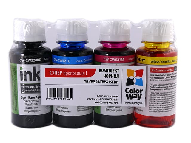 Чорнило комплект ColorWay Canon PG-510/CLI-521 4х100мл black, cyan, magenta, yellow (20)  