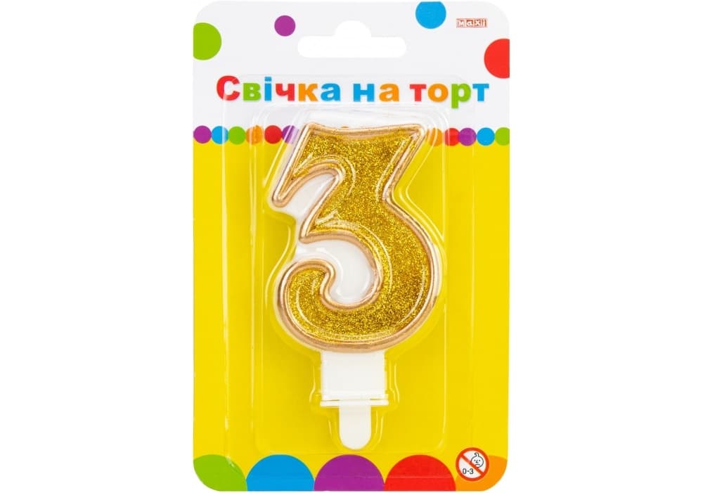 Свеча в торт Цифра-3 золотистая 7,62 см с блестками (24) (288) MX622083-3