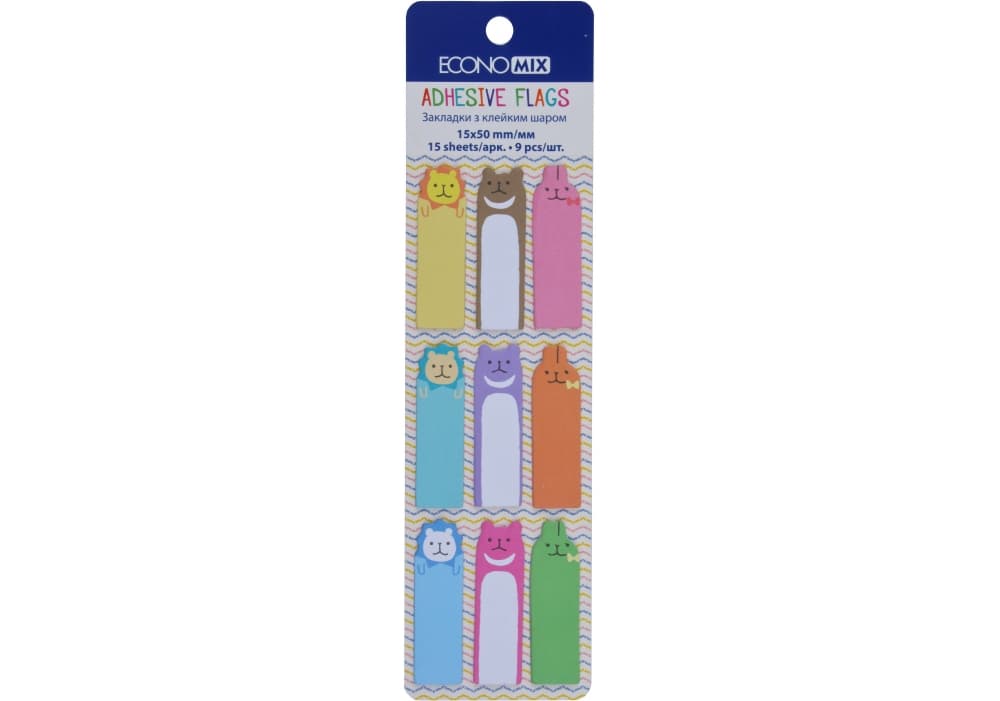Стикеры-закладки бумажные Economix Fun Zoo 15 х50 мм 135 шт 9 цветов (50) №E20962-03