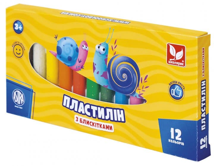 Пластилін восковий 12 кольорів 156 гр Школярик з блискітками (24) №303107001