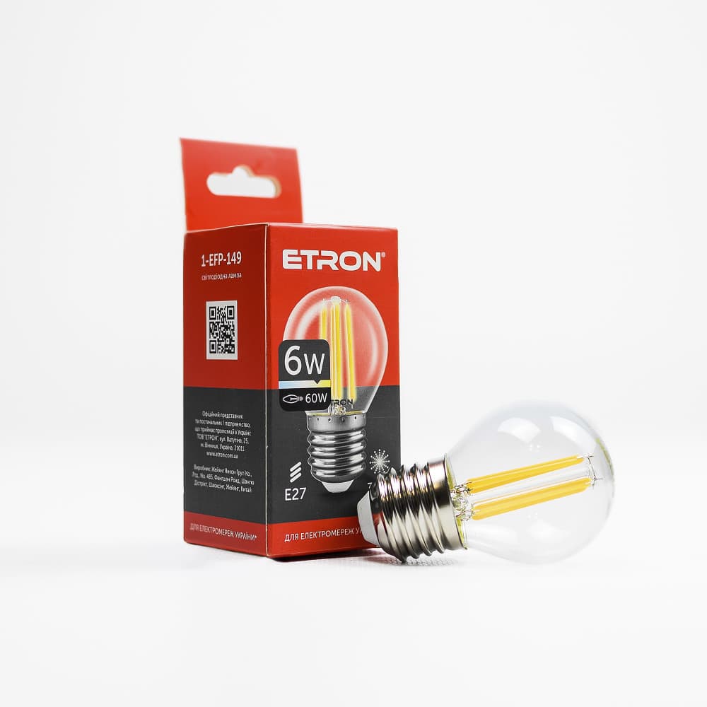 Лампа "Etron Filament Power" прозоре скло LED 1-EFP-149 G45 6Вт 3000K Е27(10)