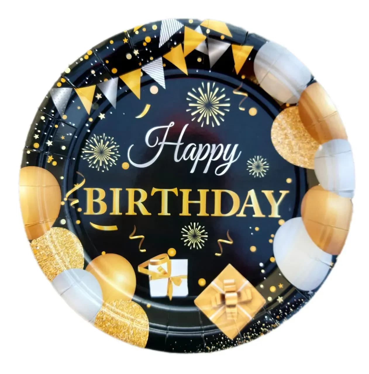 Тарілка паперова, d-230мм Happy Birthday чорна з золотими кульками