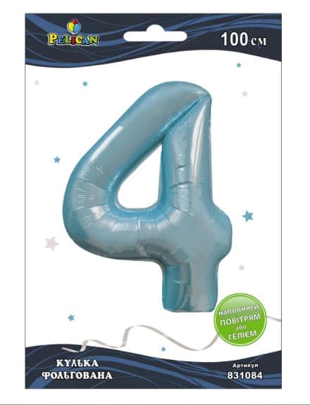 Кулька повітр. фольгована "Цифра 4" 100см блакитна Baby blue №831084/Pelican/(1)(5)(20)(500)