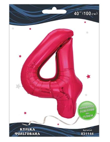 Кулька повітр. фольгована "Цифра 4" 100см фуксія №831144/Pelican/(1)(5)(20)(500)