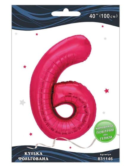 Кулька повітр. фольгована "Цифра 6" 100см фуксія №831146/Pelican/(1)(5)(20)(500)