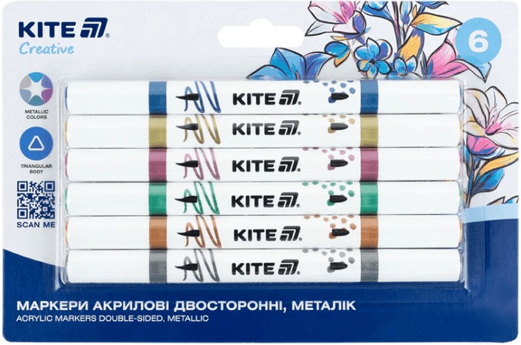 Набор маркеров акрил. двухстор. "Kite" Creative №K-1294 6шт металлик