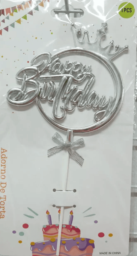 Топер для торта "Happy Birthday в колі з корона" срібло №15106(12)