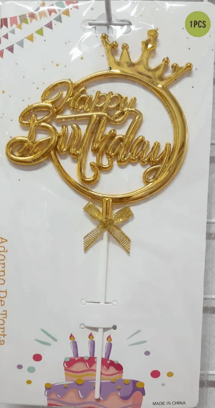 Топер для торта "Happy Birthday в колі з корона" золото №15107(12)