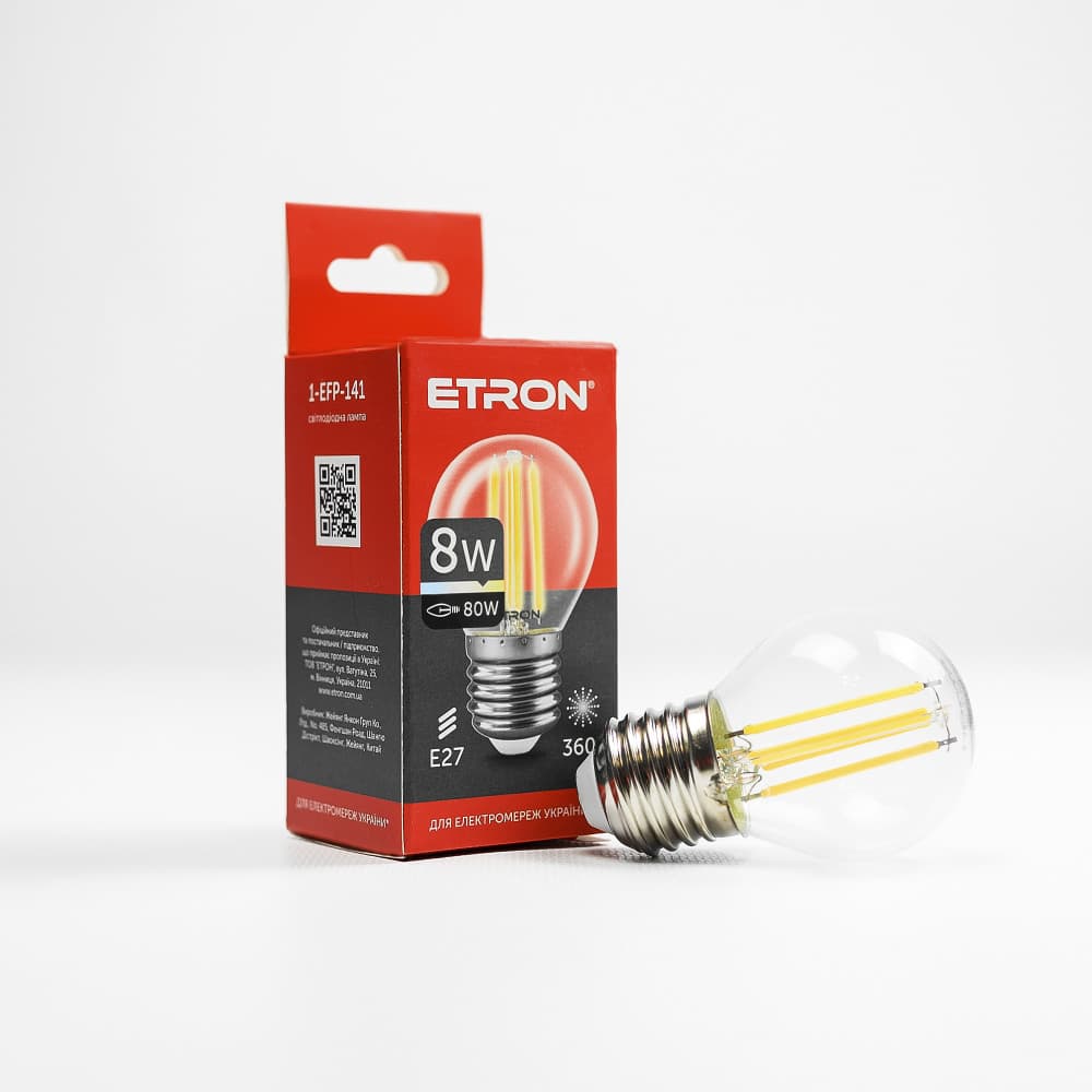 Лампа "Etron Filament Power" прозоре скло LED 1-EFP-141 G45 8Вт 3000K Е27(10)